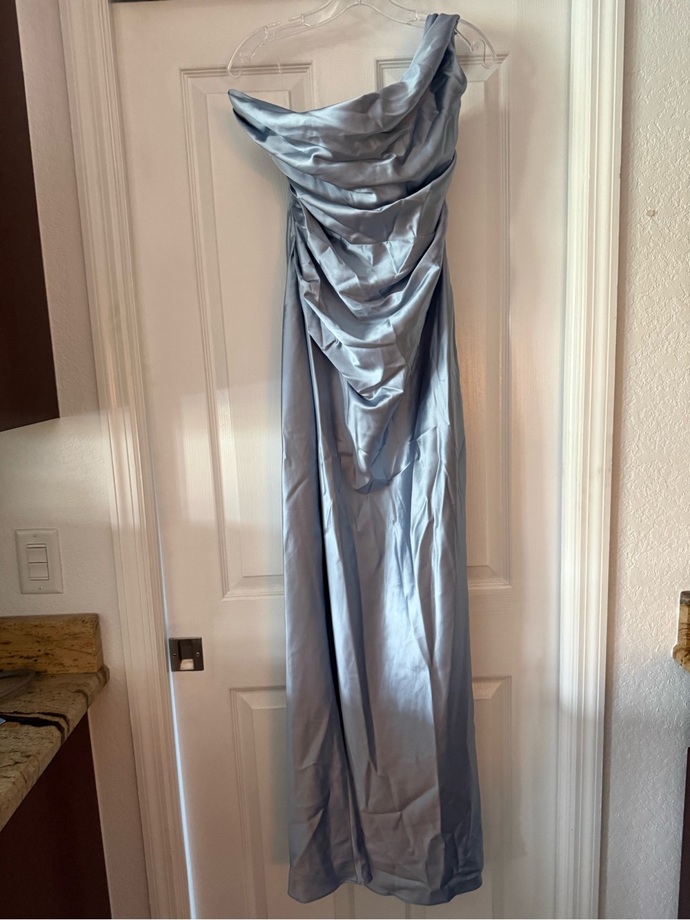 One-Shoulder Light Silver-Blue Maxi Dress